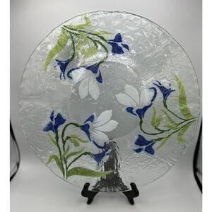 Platter Bowl Glass Japanese Iris Star Flowers Serving Dish Painted Scalloped 12"